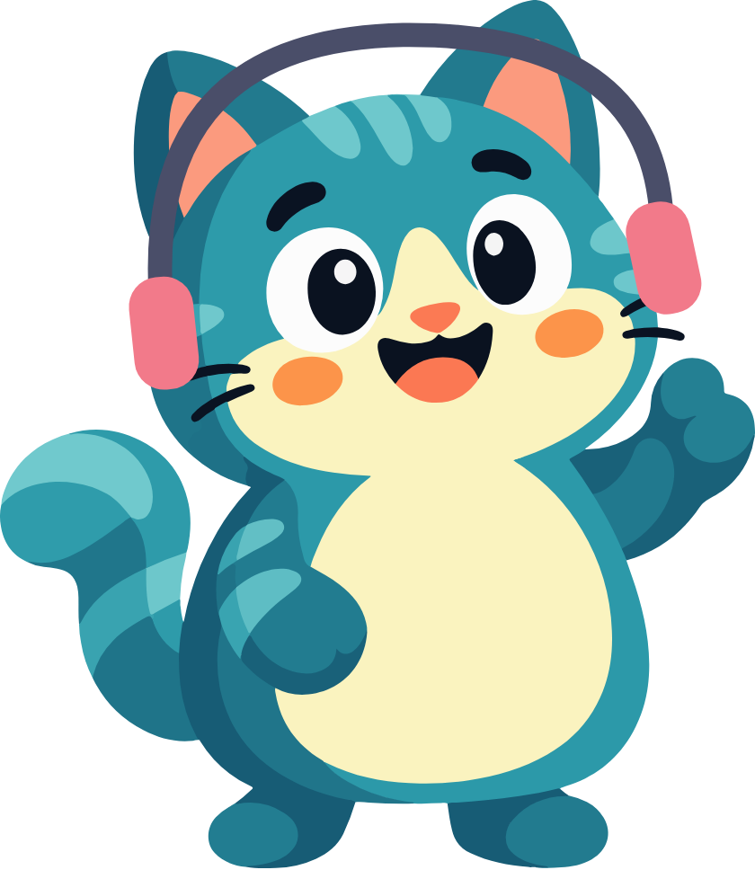 Kiki, a teal tabby cat wearing headphones, waving