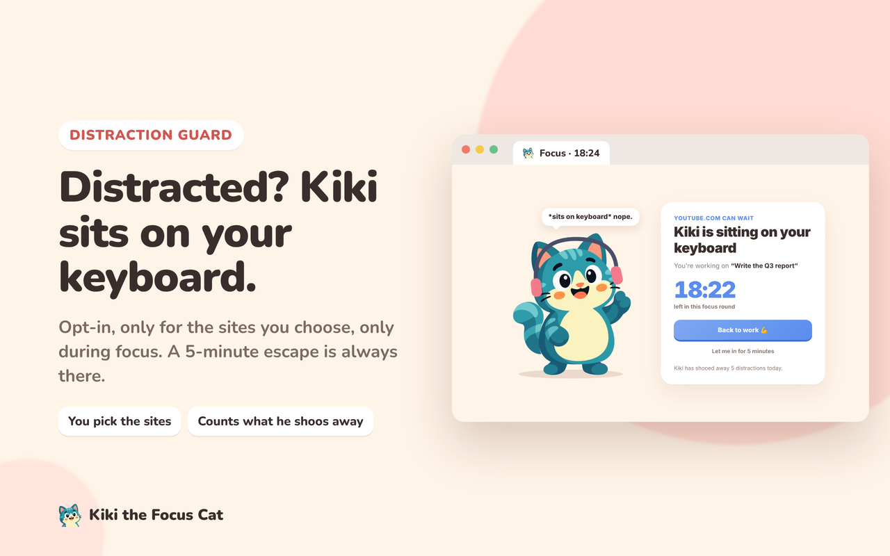 Kiki's back-to-work page shown instead of a distracting site