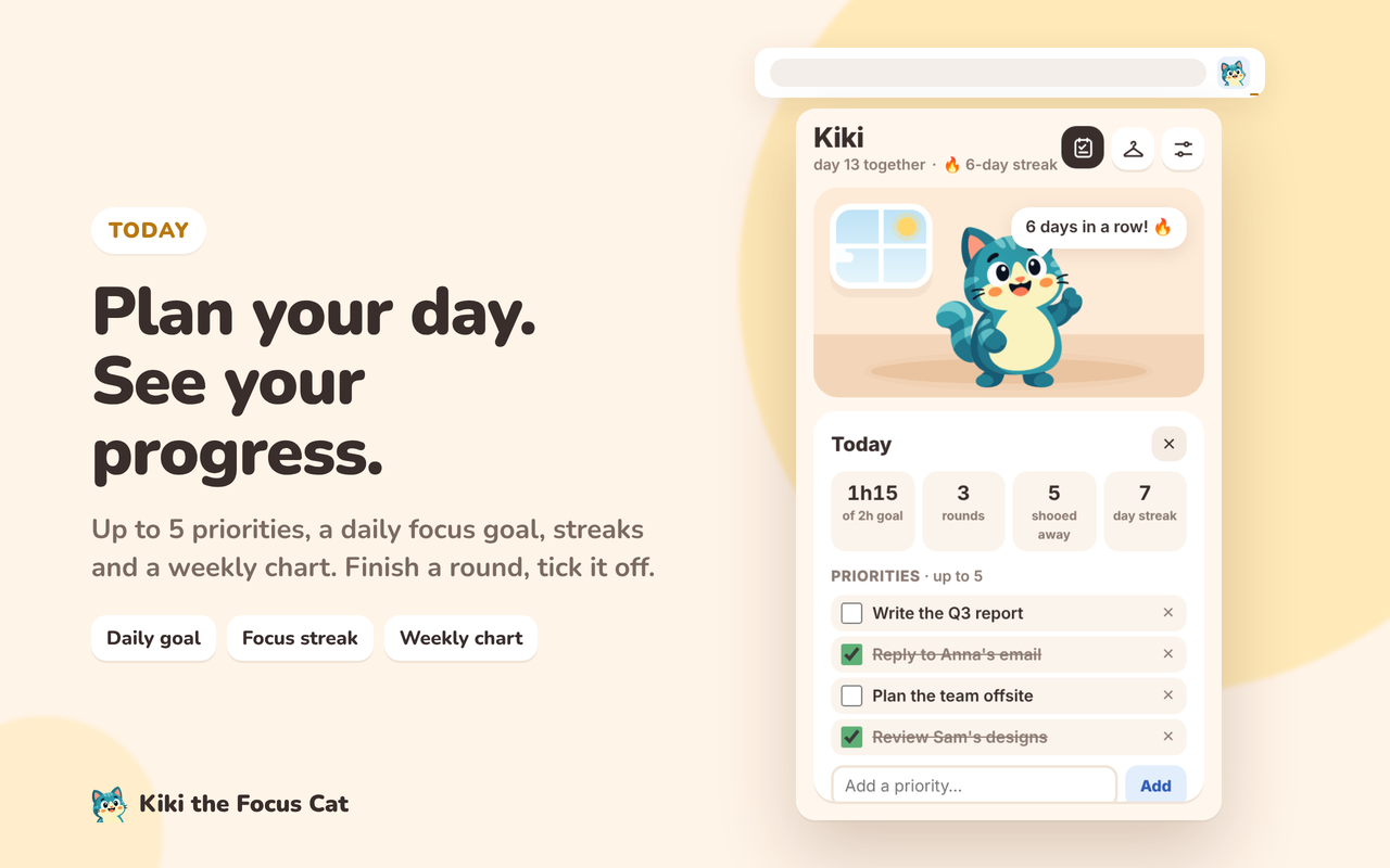Today's priorities, daily goal and streak